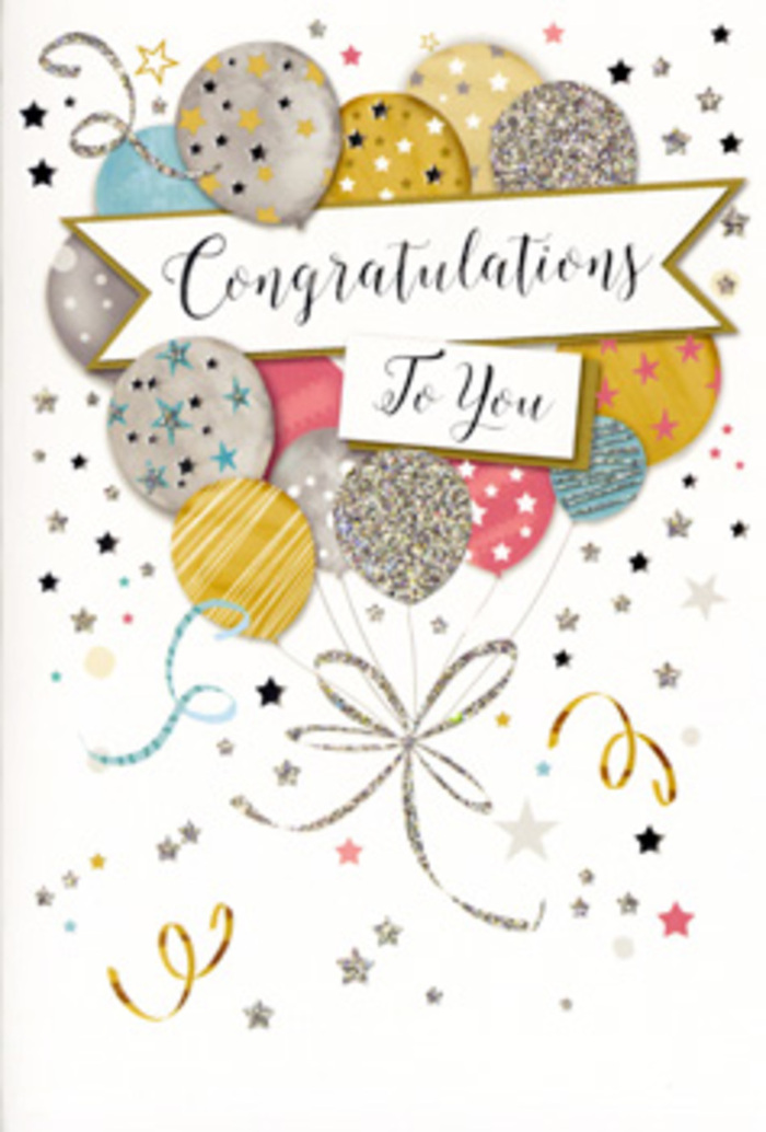 In the photograph, a stylish congratulations card stands vertically, captured in clear, even light that highlights its gentle shimmer, much like daylight filtering through Berrylands' leafy streets. The design is centred around a floating bouquet of balloons, closely nestled yet individually distinct. These balloons are illustrated in an elegant palette of champagne gold, soft silver, warm blush pink, powder blue, and creamy off-white, with occasional hints of dove grey that ground the composition. Each balloon bears its own subtle embellishment-tiny metallic stars scattered across the surface, slender glittering lines, or soft clusters of specks that suggest confetti clinging to the sides. The overall effect is luminous rather than flashy, creating a refined sense of festivity. From the base of the bunch, narrow ribbons flow downward in intertwined streams of gold and silver, curling loosely across the lower third of the card. They mimic the relaxed, joyful drape of real balloon strings at a home celebration near Berrylands Park. Draped across the centre of the design is a gentle, ribbon-like banner that appears to rest lightly atop the balloons. It carries the message Congratulations To You in classic calligraphy, each letter carefully shaped, conveying both sincerity and grace. The backdrop is a soft, neutral shade, sprinkled with minimal yet impactful decoration: small stars, flowing swirls, and dots of shimmering confetti scattered in a way that feels light and airy. Although there are no flowers shown, the thoughtful balance of colour, texture, and movement reflects the same sensibility used in floral design. This card would sit beautifully alongside a vase of fresh blooms prepared by Berrylands Flowers, ready for hand delivery to homes across Berrylands and the surrounding neighbourhoods to celebrate exam results, promotions, or any hard-won achievement.