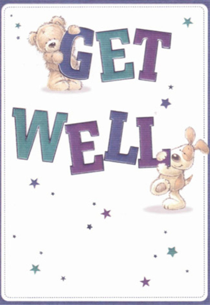 The illustrated get well card captures that kind, neighbourly spirit you often feel in Berrylands, where a small gesture like a handwritten note or a fresh bunch of flowers can mean everything. Front and centre, the words GET WELL stretch across the design in chunky, rounded letters that look cushioned and soft to the touch. Each letter is shaded in a mix of rich purples, indigos, and cool teals, with touches of lighter aqua that add depth and a gentle shimmer, rather like the layered tones you see when we combine dusky blooms with pale accents in a bedside arrangement. Nestled around this bold message are two whimsical friends. At the top, a friendly teddy bear with golden-brown fur and a slightly oversized head drapes its arms over the word GET, its stitched mouth curved into a small, supportive smile. Below, a floppy-eared puppy, all velvety cream and light tan, braces its paws against the word WELL, leaning forward with a look of eager devotion, as if tugging the sentiment closer to whoever needs it. Scattered across the smooth, clean cream background are tiny stars and starbursts in varying shades of blue, lavender, and purple, each shaped a little differently, like individual wishes drifting out across the sky above Alexandra Park. They glow delicately, suggesting both playfulness and an underlying strength of hope. The overall composition feels airy, uncluttered, and soothing, just like a recovery room brightened by a single, beautiful vase of flowers. You can picture this card standing beside a get well bouquet, the card's cool, calming colours and gentle characters echoing the nurturing intention behind every stem, offering comfort to someone resting in a quiet Berrylands home.