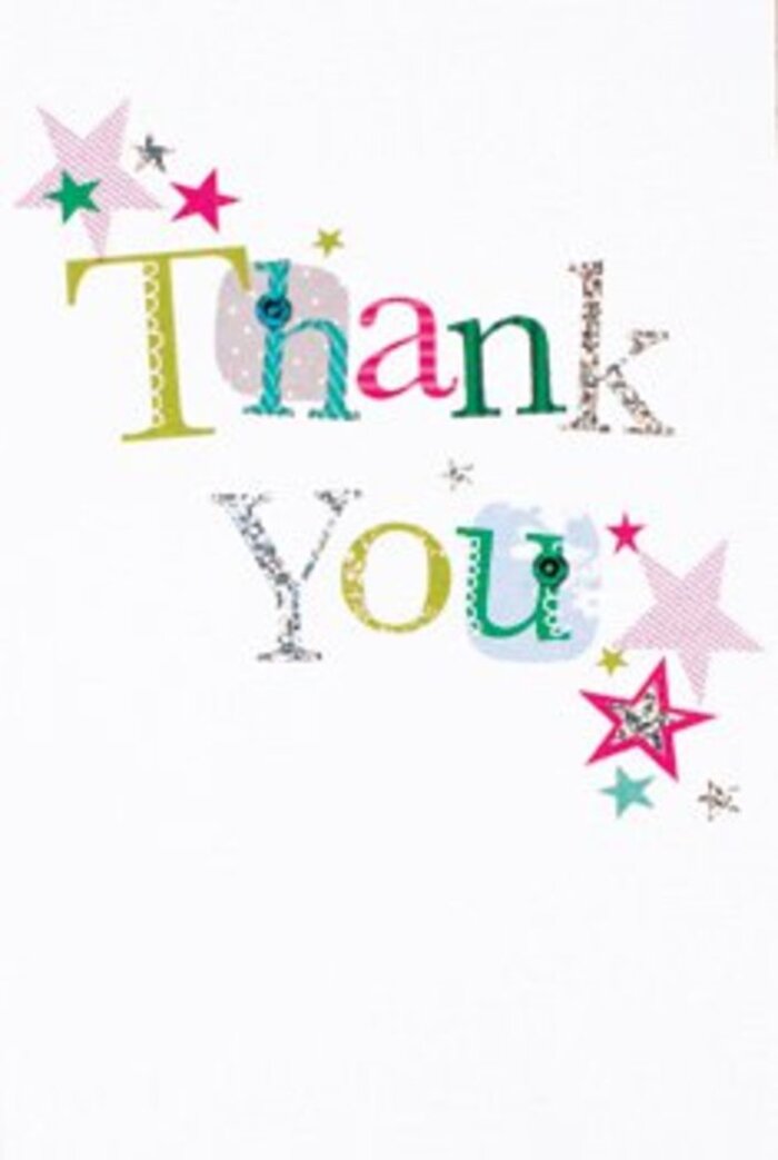 The arrangement of this thank you card carries a subtle grandeur, equal parts joyful and refined, perfectly capturing the spirit of Berrylands' welcoming avenues. Each letter reveals a unique character-some playful and dotted, others sleek and adorned with a silvery glow that sparkles in the gentle light, like morning dew on the grass of Victoria Recreation Ground. Surrounding the greeting, vibrant clusters of star shapes in shades of striped pink, turquoise, and glimmering silver animate the design, creating a celebratory mood that feels both spontaneous and heartfelt. The card's crisp white background enhances every colourful detail, allowing the expressive hues to truly stand out. The overall feel is one of breezy sophistication-neither showy nor understated, striking just the right balance for an all-occasion gesture of gratitude. As a florist in Berrylands, I see this card as the ideal companion to a fresh arrangement bound for a birthday on Grand Avenue or a thank-you delivery in Tolworth; it carries the sincerity and cheer of a true neighbour's note, brightening any day with warmth and style.