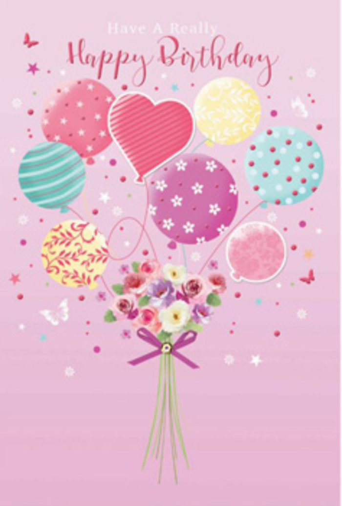 Gentle birthday card artwork showing pastel balloons and a petite floral bouquet that together create the atmosphere of a light-hearted celebration in Berrylands on a bright spring afternoon. The background is a smooth, soft pink wash, even and calming, resembling painted card stock that has been chosen with care. From this serene backdrop, a cluster of rounded balloons rises gracefully at the centre. They appear in a palette of pale sunshine yellow, rosy fuchsia, lavender, mint, and sea green, their colours blending where they overlap. Each balloon is adorned with its own playful design: slender stripes that spiral upwards, scattered polka dots that vary in size and density, tiny floral sprigs, and whimsical swirl motifs, adding depth and personality to the ensemble. Anchoring this floating arrangement is a hand-tied bouquet at the base, composed of petite roses and soft, daisy-like blossoms gathered closely together. The petals are delicately shaded from cream and ivory at the edges into blush and deeper rose hues towards the heart, giving the impression of velvety softness and the faint, sweet scent you might notice walking past a front garden on a Berrylands side street. Green stems emerge from beneath the flowers and are secured with a glossy purple bow, its satin-like finish catching the imagined light. Around the scene, tiny stars and hints of butterflies drift gently, like confetti caught in a soft breeze, contributing to the feeling of a birthday party moment frozen in time. The entire composition radiates quiet happiness and care, ideal for anyone wanting a card that speaks of thoughtful, lovingly detailed celebration.