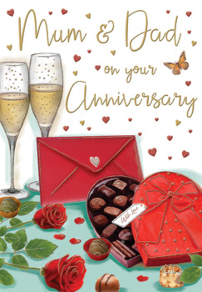 The anniversary card scene is illustrated with such warmth and detail that it feels like stepping into a private celebration in Berrylands on a calm evening. At its heart, two slim champagne flutes rise in unison, standing so close that their bases nearly touch, echoing the closeness of the couple being honoured. The glasses are filled with gently glowing golden champagne, bubbles rising in fine, sparkling streams that shimmer as though catching the last of the daylight through a nearby window. Across the foreground, a generous heart-shaped box of chocolates sits slightly angled. The box is a rich, romantic red with subtle highlights that give it a satin-smooth sheen, and a wide red bow-full, sculpted, and soft in appearance-wraps around it in a dramatic flourish. The lid has been eased open to reveal neat rows of glossy truffles, nestled securely in dark compartments, each chocolate rounded and tempting, like treats chosen with care for a special anniversary surprise. A few individual chocolates lie casually on the table, hinting at relaxed nibbling and shared smiles. To one side, two sumptuous red roses rest on their stems, cushioned by layered green foliage. Their petals are rendered with painterly attention, velvety and full, like the kind of premium blooms a local Berrylands florist would reserve for milestone celebrations. Above this inviting spread, dainty gold and crimson hearts scatter like confetti across a softly glowing background, surrounding the hand-lettered dedication to Mum & Dad that feels intimate and heartfelt. In the corner, a vivid scarlet envelope, neatly sealed, adds a final touch of romance, suggesting loving words and treasured memories. Altogether, the illustration conveys warmth, gratitude, and the gentle joy of marking another year of shared life, much like a quiet, meaningful evening at home after a special delivery of flowers and treats.