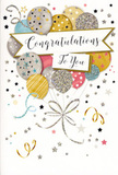 A portrait-style congratulations card fills the image, its front cover designed as a delicate celebration in paper, perfectly suited to accompany a fresh bouquet on its way through Berrylands. The central motif is a generous bunch of illustrated balloons that seem to float upwards from the lower edge, gathered closely yet varied in pattern and tone. They appear in soft champagne gold, brushed silver, dusky pink, airy blue, and creamy white, with gentle grey accents that lend depth. Each balloon is adorned with its own subtle decoration-fine dustings of glitter-like texture, tiny star constellations, and slim stripes that glimmer quietly, creating the impression of gentle light play across the surface. From their bases, slender metallic ribbons fall and curl in relaxed loops of gold and silver, meandering across the bottom of the card like playful streamers after a party. Sitting gracefully across the middle of the balloon cluster, a sweeping banner arcs lightly, displaying the message Congratulations To You in elegant, hand-lettered-style script that feels personal and heartfelt. Around the balloons and banner, the soft, off-white background is sprinkled with small stars, curving flourishes, and dots of metallic confetti, adding an airy, festive atmosphere without overwhelming the design. There are no floral images, yet the layout has the same rhythm as a well-composed arrangement-balanced, layered, and full of quiet joy. One can easily imagine this card standing beside a vase of fresh flowers on a kitchen table in Berrylands, delivered to celebrate a new job, graduation, or special milestone, bringing a touch of sparkle and pride to an otherwise ordinary day.
