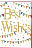 This Best Wishes card radiates gentle celebration, the kind of thoughtful gesture you might pair with flowers for a milestone in Berrylands. The design rests on a crisp white background, open and airy, drawing focus to the central greeting. Best Wishes is written across the middle in sweeping, stylish script, finished in luminous gold foil that shimmers subtly, giving the wording a polished, almost celebratory glow. The lettering appears slightly embossed, providing both visual depth and a sophisticated, tactile feel. Above and below this message, strings of bunting swing in soft arcs, reminiscent of colourful flags hanging over a Berrylands garden fence during a family gathering. Each triangular pennant is painted in bold, happy colours-bright blue, classic red, fresh green, sunny yellow-and detailed with simple patterns of stripes, dots, and small geometric elements that keep the design lively without feeling cluttered. Dotted between the bunting, tiny stars and scattered confetti points in coordinating shades float across the white space, as though caught in a gentle breeze, suggesting movement and light-hearted festivity. Altogether, the composition feels joyful yet refined, perfectly suited for congratulating someone on exam success, sending good luck before a new job or move, or simply uplifting a friend with a heartfelt note. The card's blend of shimmering gold, colourful banners, and airy white space creates a warm, optimistic mood, like a quiet cheer from a supportive neighbour, ready to be tucked beside a bouquet and delivered with care throughout the Berrylands area.
