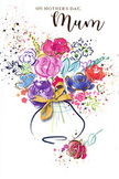This Mother's Day card illustration radiates the joyful energy of a hand-tied spring bouquet, reimagined in loose watercolour strokes and touches of gold, as if painted on a quiet afternoon overlooking a Berrylands garden. Lush purples, playful pinks, vivid reds, and serene blues mingle together, their colours running slightly into one another on the textured paper, creating petals that feel soft and almost fragrant. Deep indigo lines outline many of the flowers, suggesting layers of petals and curling edges, while delicate golden accents highlight select contours and centres, giving a subtle sparkle that suggests celebration and care. The blooms gather into a rounded bouquet set within the gentle curve of a stylised vase at the bottom of the image, finished with an elegant golden bow that hints at the familiar rustle of ribbon being tied in a local florist's workshop. Around the central arrangement, scattered flecks of paint and tiny heart motifs float against the clean white background, like petals and confetti drifting in the air after a shared laugh. The open space around the bouquet lets the colours breathe, making the artwork feel airy, modern, and full of light. The mood is affectionate and uplifting, perfect for a beloved mum who appreciates both flowers and art-a painted arrangement that mirrors the emotion of real blooms delivered across Berrylands, capturing gratitude, tenderness, and the quiet joy of being thought of on Mother's Day.