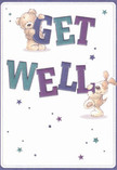 A whimsical illustrated get well card shows two cuddly friends working together to deliver a cheerful message, the way neighbours in Berrylands rally around someone who's under the weather. At the top, a soft, honey-brown teddy bear with plump paws and stitched features leans over the bold word GET, hugging the thick, rounded letters as if they were a pillow. Below, a floppy-eared puppy with velvety beige fur and a playful expression props its paws against the large WELL, its tail implied in the curve of its body and joyful stance. The typography is big and friendly, shaded in rich indigo, teal, and softer aqua, with gentle gradients that mimic the depth and contrast you see in a carefully layered bouquet. The letters seem almost three-dimensional, as though they could tumble forward off the crisp cream background and land in your lap with a reassuring thump. Around the characters and text, clusters of starbursts and tiny stars in blues and purples sparkle like little wishes flung into the evening sky over Berrylands Park, each one a quiet hope for recovery. The clean, uncluttered backdrop suggests fresh bed linen and the tidy calm of a well-kept room, amplifying the feeling of care and calm. You can almost imagine this card propped beside a vase of get well flowers on a bedside table, its soft colours and comforting characters offering the same gentle encouragement as a bouquet chosen petal by petal for someone resting at home along Surbiton or near the quiet residential streets leading towards Berrylands station.