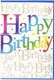 In this image, a bright and inviting birthday card takes centre stage, its design built entirely from colour, lettering, and a hint of shimmer, much like a carefully styled shop window in Berrylands. The main greeting, Happy Birthday, is displayed in big, rounded block letters that stretch confidently across the card. Each letter is infused with a gradient of vivid colour, shifting gently through a rainbow spectrum-bold reds and hot pinks fade into orange, yellow, spring green, aqua, and rich blue. The blending is smooth and soft, evoking the feel of artist's pastels or carefully airbrushed ink rather than flat printing, giving the text a lively, almost three-dimensional presence. The characters resemble friendly balloons or cut-out shapes, instantly communicating celebration. Lightly scattered around them, tiny multicoloured stars and dots create the impression of confetti or sparkling lights, adding to the sense of joy without overwhelming the main words. The background is calm and pale yet richly detailed, filled with repeating lines of fine golden script that say Happy Birthday to you over and over. This script resembles delicate handwritten calligraphy drawn with metallic ink; it catches the light with a soft glimmer, providing an elegant counterpoint to the bold central lettering. The surface of the card looks smooth and slightly glossy, enhancing the colours under natural light, just as they might appear on a birthday morning by a Berrylands window. Overall, the card feels joyous but refined, perfect to accompany a birthday bouquet arriving at a home near Berrylands station, a cosy flat by the park, or any local gathering where a beautifully designed greeting adds an extra touch of thoughtfulness and delight.
