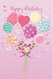Whimsical birthday card design featuring pastel balloons and a dainty bouquet of flowers, evoking the gentle joy of a birthday morning in Berrylands. The background is a warm, blush pink tone, smooth and uncluttered, allowing the central imagery to feel bright yet soothing. In the middle, a buoyant cluster of balloons rises upward, their rounded forms overlapping as they float. They are coloured in soft pink, mauve, sea green, lemon yellow, and lilac, with each balloon showing a unique decorative touch: some are wrapped in candy-coloured stripes, others are sprinkled with playful polka dots, and a few display small floral or swirling patterns. Among them, a heart-shaped balloon subtly anchors the design in affection. At the base of this cluster, a snug little bouquet appears to be tethered to the balloons, as if gently lifted off a Berrylands doorstep. The flowers resemble delicate roses and anemone-like blossoms, their feathery petals painted in creamy ivory, blush pink, and muted mauve, clustered together to suggest fullness and freshness. Slender stems are neatly tied with a violet satin bow, its loops and tails catching a soft, reflective sheen. Surrounding the composition, tiny stars, dots, and butterfly silhouettes drift and sparkle, conjuring an atmosphere of fairy-tale wonder and festive surprise. The whole image feels airy, sweet, and celebratory, like a thoughtful birthday card chosen after a stroll past Berrylands front gardens-an illustration that transforms warm wishes into a tender, visually rich moment for the recipient.
