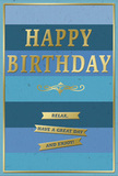The photograph shows a stylish birthday card whose gentle blue stripes and sparkling gold accents evoke an atmosphere of relaxed celebration, much like a quiet birthday tea at home in Berrylands. The front of the card is arranged in wide horizontal bands, each stripe presenting a slightly different blue-from deep, almost midnight navy at the bottom through classic mid-blues and soothing teal, up to a lighter, sky-like tone at the top. This layered effect draws the eye upward and gives the card a sense of subtle depth and movement. Centered on this cool, calming background is the greeting HAPPY BIRTHDAY, rendered in bold, embossed gold letters. The metallic finish glows softly when it meets the light, bringing warmth and a gentle touch of luxury. Just underneath the main text lies a graceful gold flourish, curling delicately from side to side like an ornate line of calligraphy, adding a traditional, romantic note. Beneath the flourish sit three narrow, gold banners stacked neatly, each one carrying part of the simple, heartfelt message: Relax, have a great day and enjoy! The repetition of horizontal shapes-from the bands of blue to the banners-creates a soothing rhythm. A slim gold border frames the edge of the card, giving the overall design a tidy, well-composed feel. The combination of matte blues and smooth, raised metallic details suggests a tactile experience of softness and polish. One can easily picture this card propped on a Berrylands mantelpiece beside fresh birthday flowers, ready to convey warm wishes with understated elegance and genuine care.