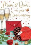 This illustrated anniversary card paints a romantic, sensory-rich moment that could easily be unfolding in a Berrylands home after a celebratory meal. The focus is on a small table where two tall champagne flutes stand close together, filled with sparkling golden champagne. The bubbles are drawn mid-rise, tiny and plentiful, catching the light along the glass in a way that suggests movement and the soft clink of an imminent toast. Directly in front of the glasses rests a deep red, heart-shaped box of chocolates, its surface smooth with gentle highlights that hint at a satin finish. A bold red satin bow sweeps across the box, tied in generous loops that convey both luxury and care, just like the bows we carefully knot on anniversary arrangements for delivery around Berrylands. The lid is tipped back to reveal a tidy assortment of round truffles, each one shaded in rich tones of cocoa and cream, nestled snugly in dark little cups. A few chocolates have tumbled out onto the table, adding a relaxed, lived-in feel to the composition. To one side, two lush red roses with velvety petals and deep green leaves are arranged casually, as if freshly set down after being admired. Above this loving tableau, delicate golden and crimson hearts drift across a soft background, encircling a handwritten Mum & Dad message in flowing script that feels personal and affectionate. A scarlet envelope lies nearby, firmly sealed, hinting at tender words inside. The whole scene radiates warmth, contentment, and the sweetness of a relationship that has been nurtured over time, echoing the cosy, neighbourly character of Berrylands itself.